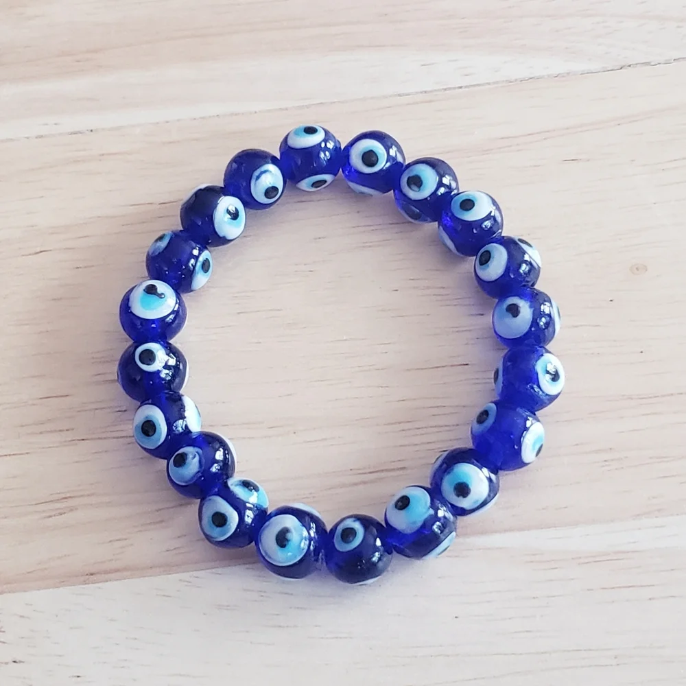 Glass Blue Evil Eye Stretchy Beaded Bracelet
